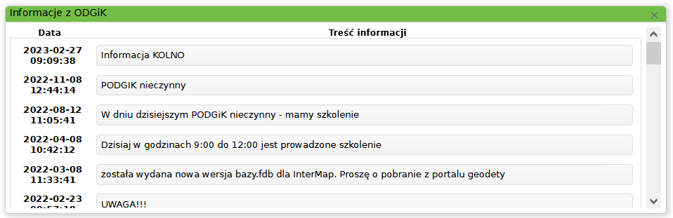 Widok okna z wyświetlonymi informacjami z Ośrodka