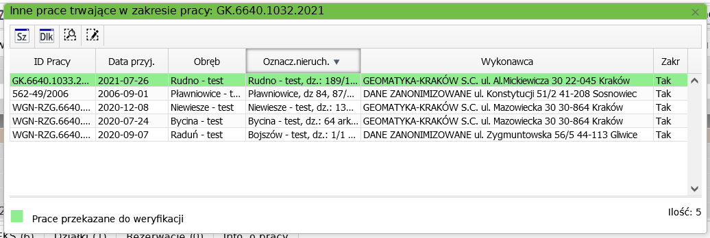 Widok okna z wylistowanymi innymi pracami trwającymi w zakresie pracy