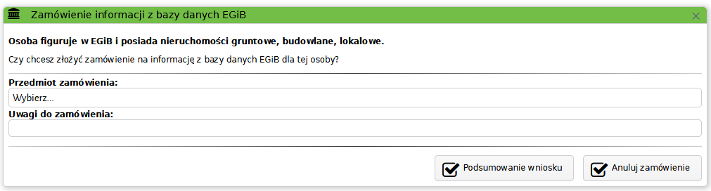 Widok okna zamówienia informacji z bazy danych EGiB